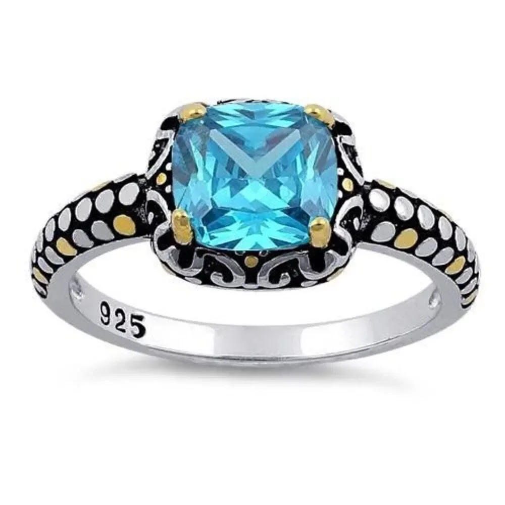 Sterling Silver Celtic Blue Topaz Cushion CZ Ring Brand New